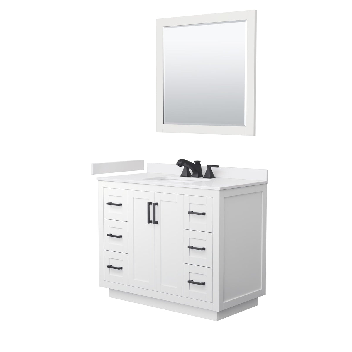 Wyndham Collection Miranda 42" Single Bathroom Vanity in White, White Cultured Marble Countertop, Undermount Square Sink (3-Hole), Matte Black Trim and 34" Mirror