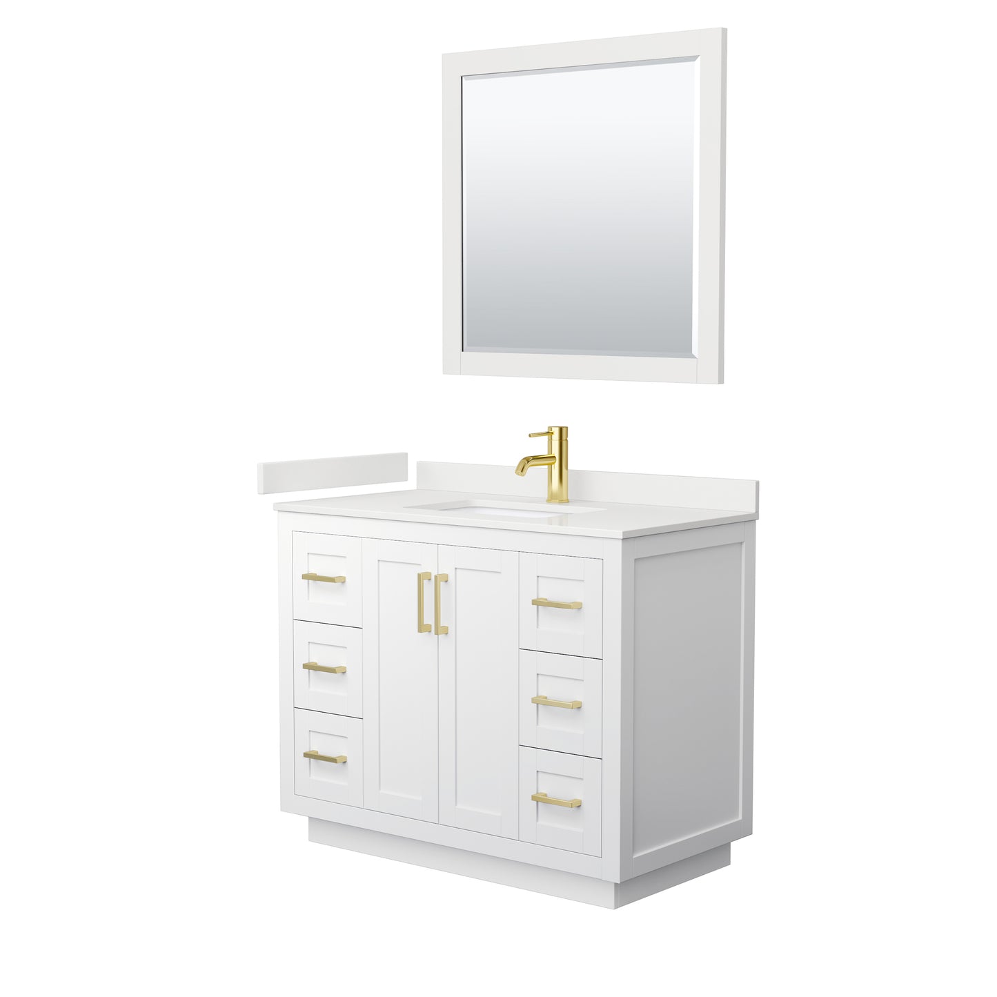 Wyndham Collection Miranda 42" Single Bathroom Vanity in White, White Quartz Countertop, Undermount Square Sink (1-Hole), Brushed Gold Trim, 34" Mirror