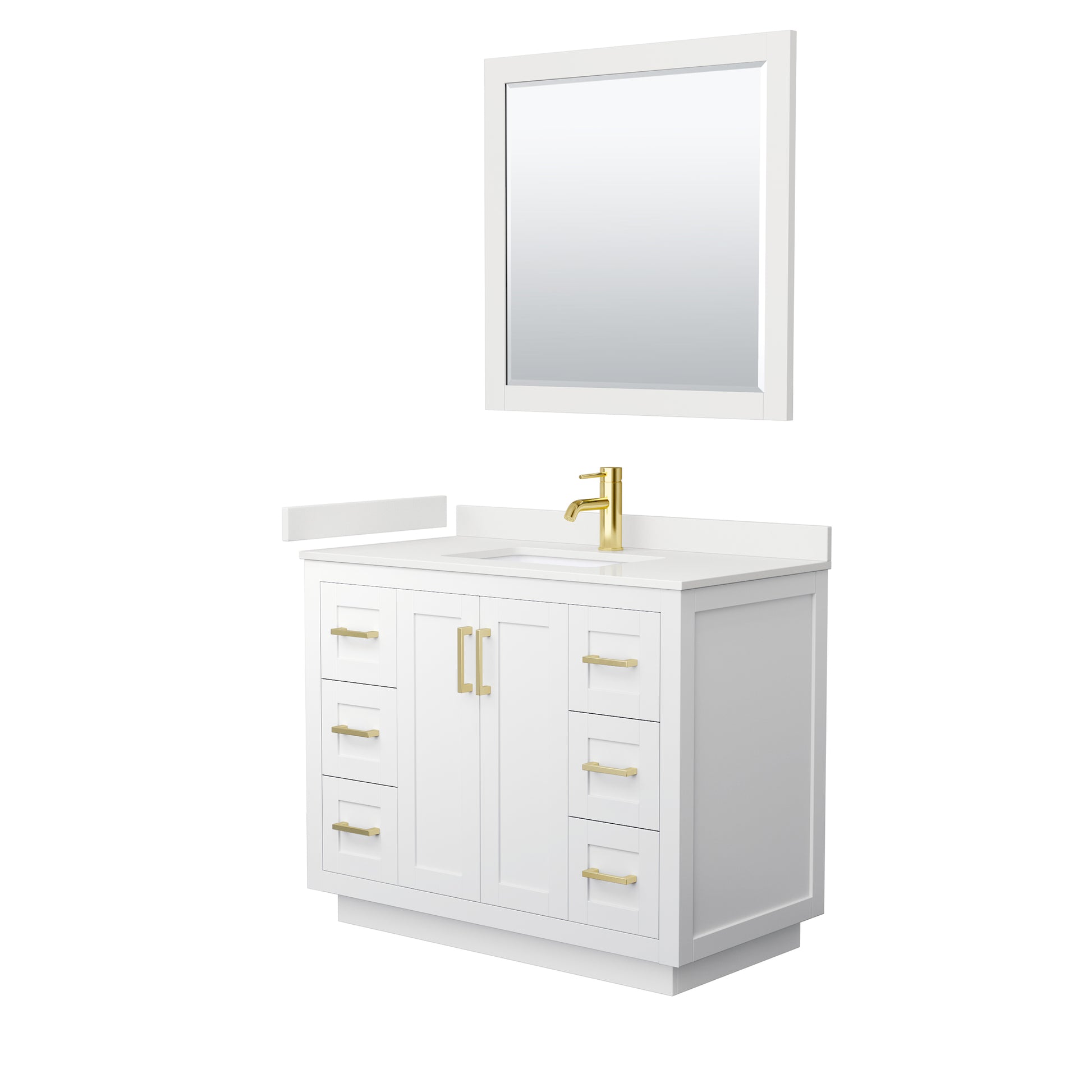 Wyndham Collection Miranda 42" Single Bathroom Vanity in White, White Quartz Countertop, Undermount Square Sink (1-Hole), Brushed Gold Trim, 34" Mirror