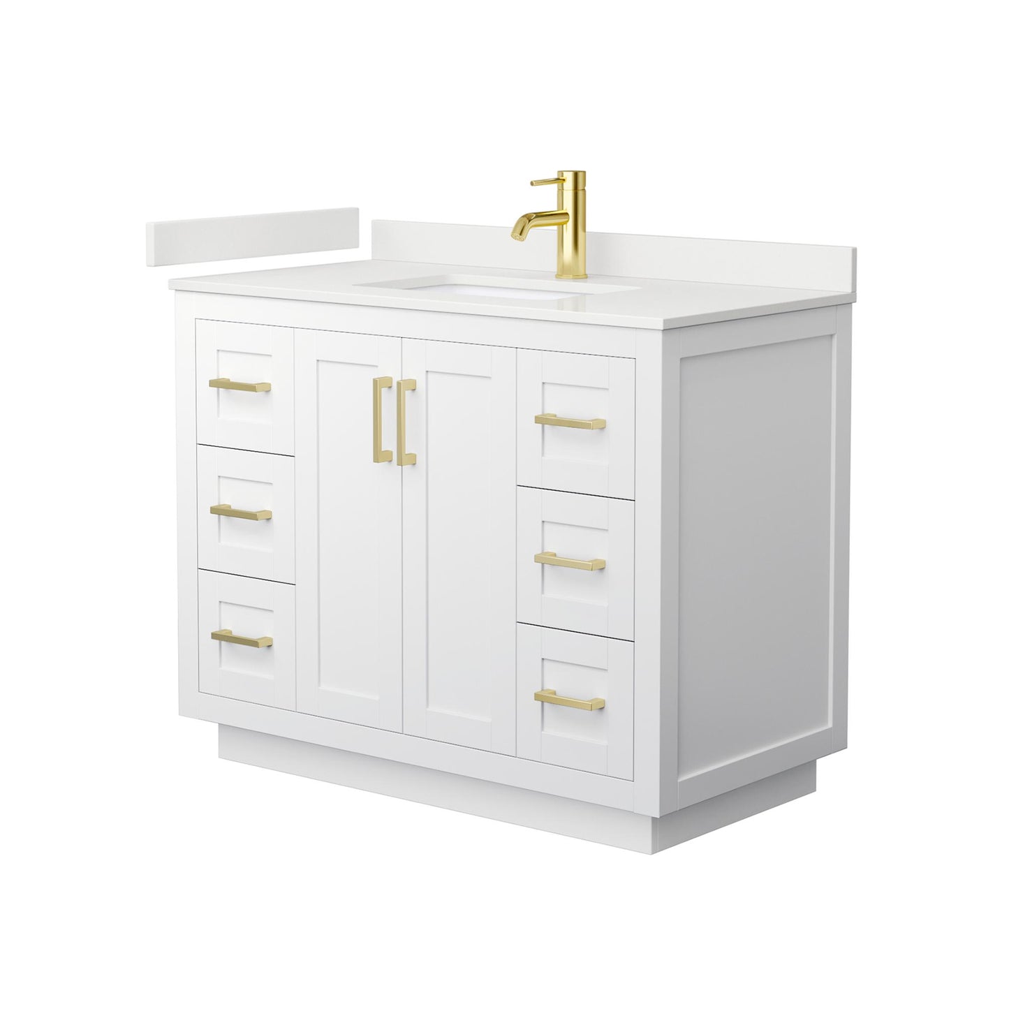 Wyndham Collection Miranda 42" Single Bathroom Vanity in White, White Quartz Countertop, Undermount Square Sink (1-Hole), Brushed Gold Trim