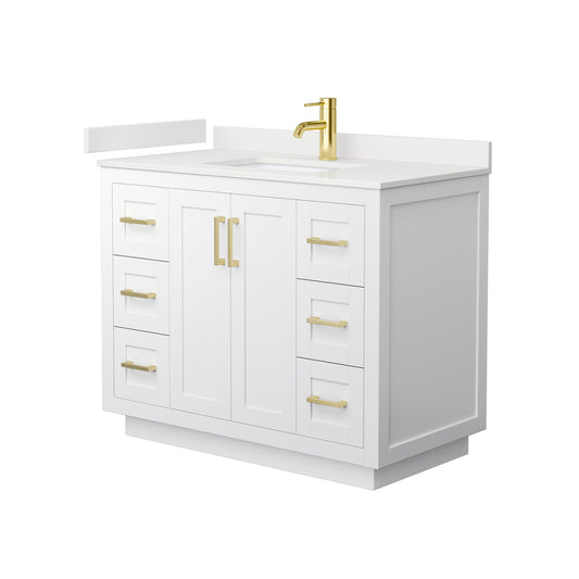 Wyndham Collection Miranda 42" Single Bathroom Vanity in White, White Quartz Countertop, Undermount Square Sink (1-Hole), Brushed Gold Trim
