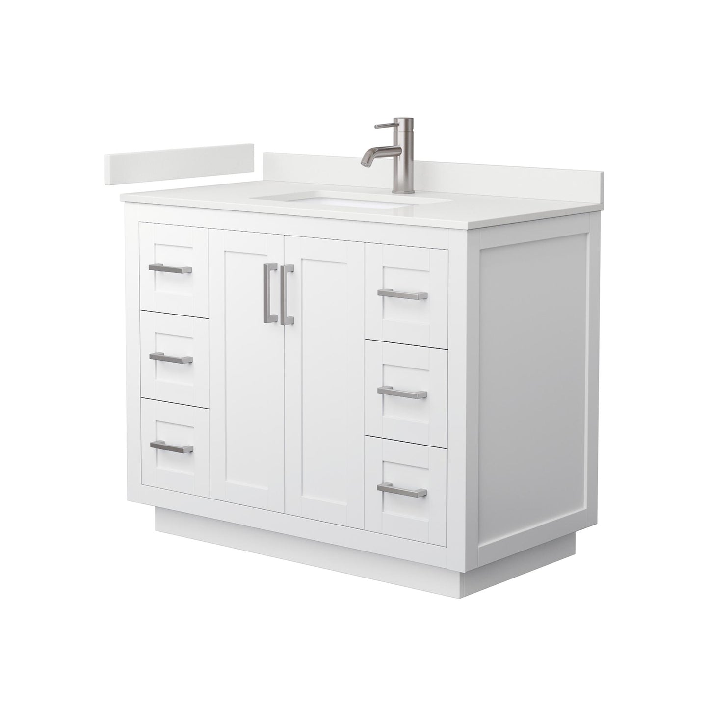 Wyndham Collection Miranda 42" Single Bathroom Vanity in White, White Quartz Countertop, Undermount Square Sink (1-Hole), Brushed Nickel Trim