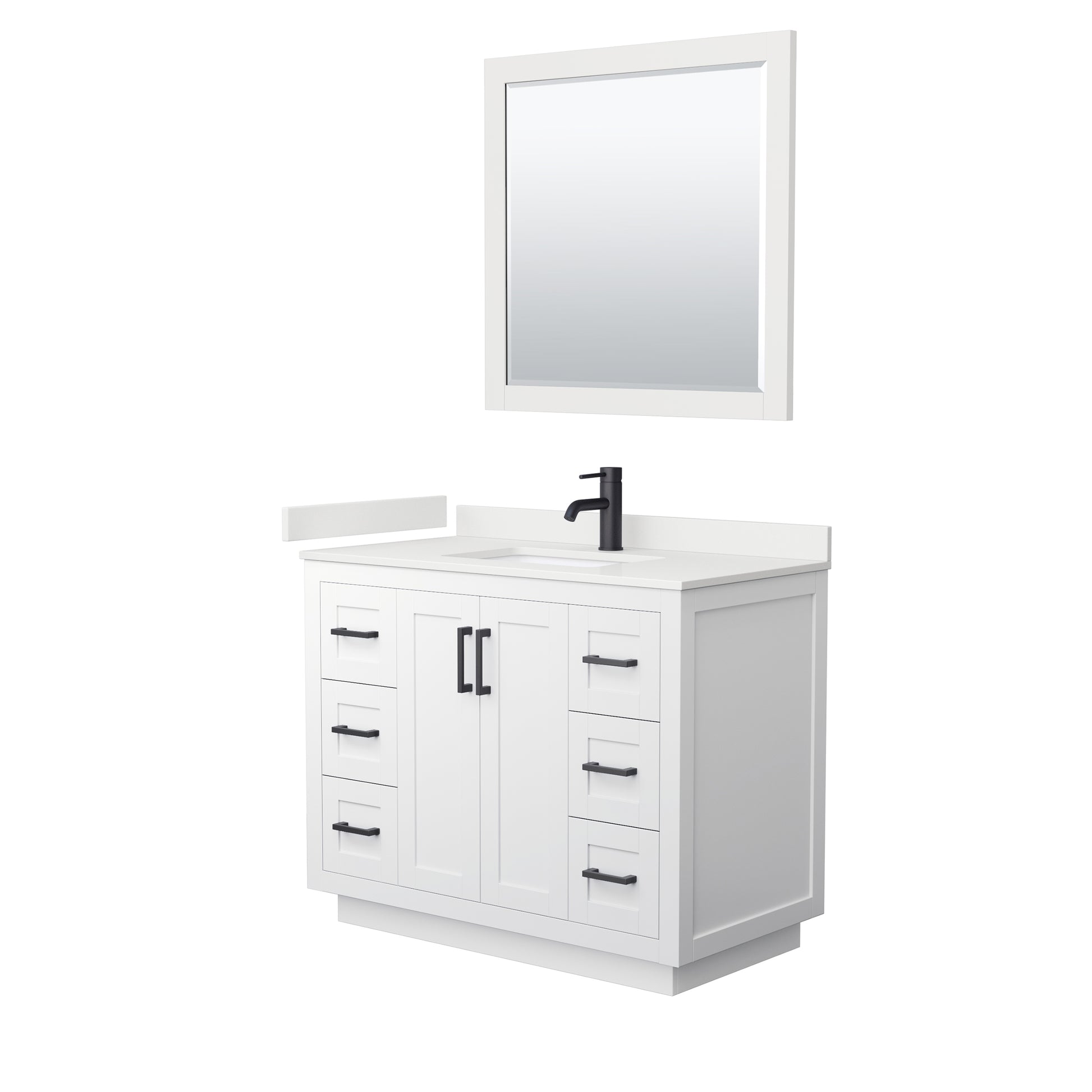 Wyndham Collection Miranda 42" Single Bathroom Vanity in White, White Quartz Countertop, Undermount Square Sink (1-Hole), Matte Black Trim, 34" Mirror