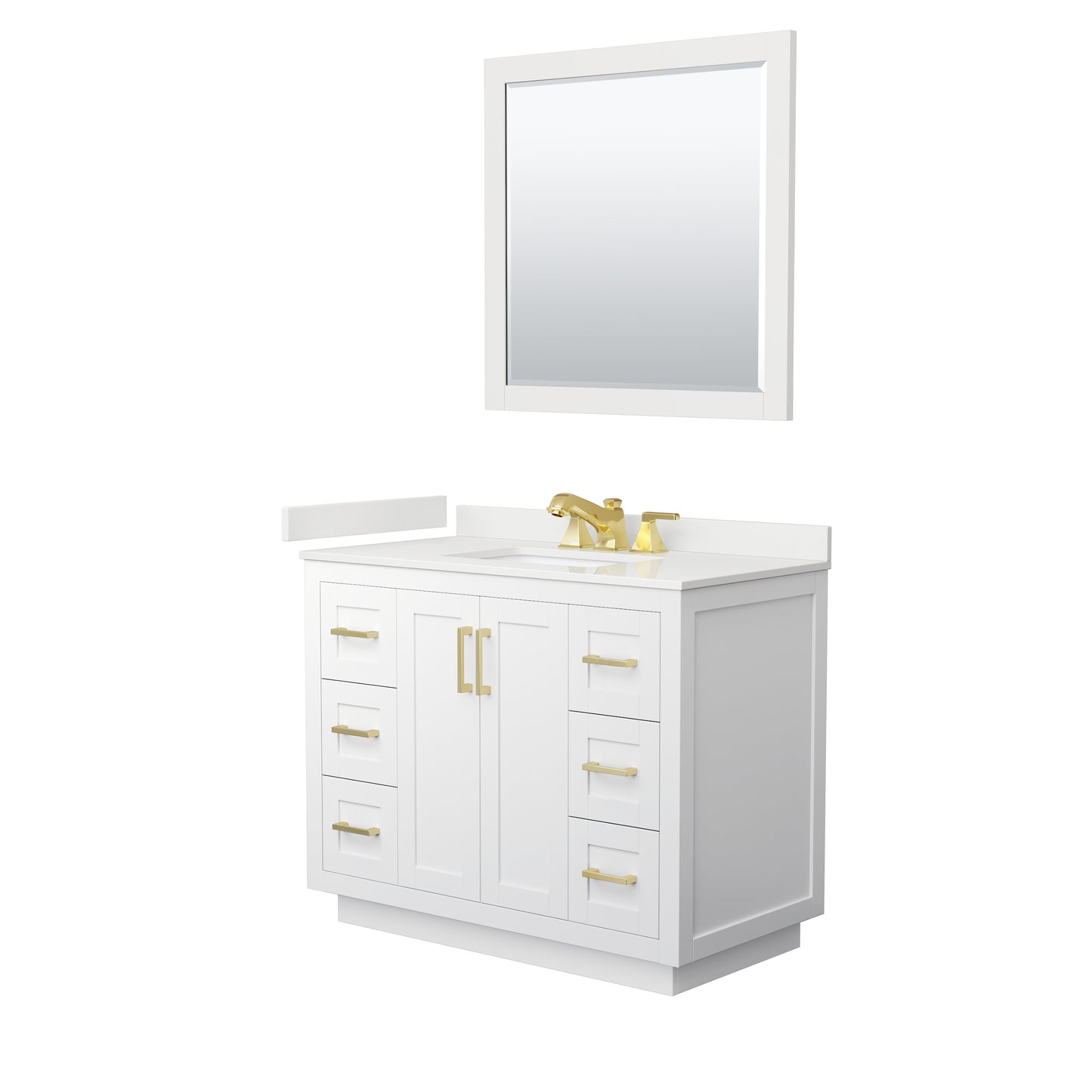 Wyndham Collection Miranda 42" Single Bathroom Vanity in White, White Quartz Countertop, Undermount Square Sink (3-Hole), Brushed Gold Trim, 34" Mirror