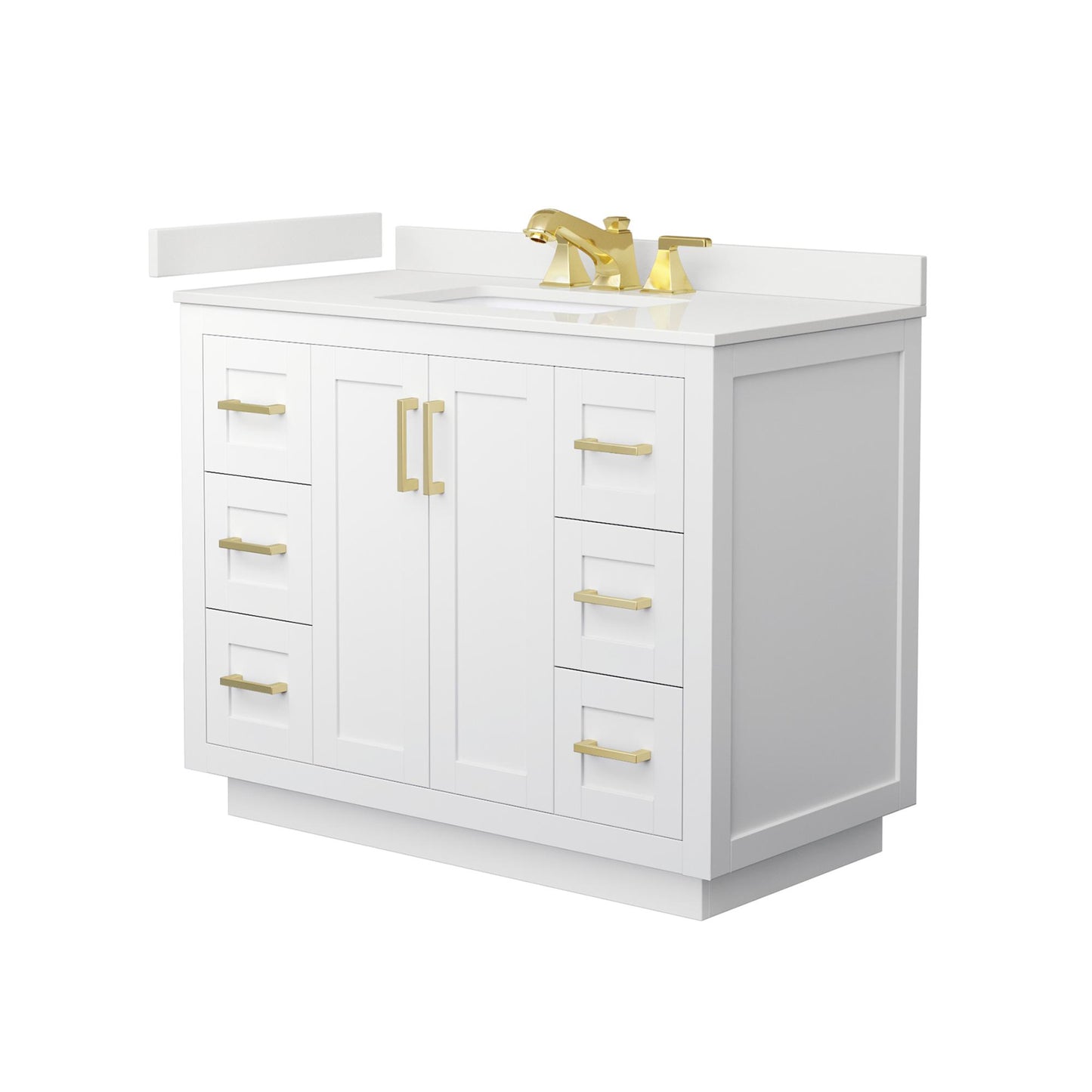 Wyndham Collection Miranda 42" Single Bathroom Vanity in White, White Quartz Countertop, Undermount Square Sink (3-Hole), Brushed Gold Trim
