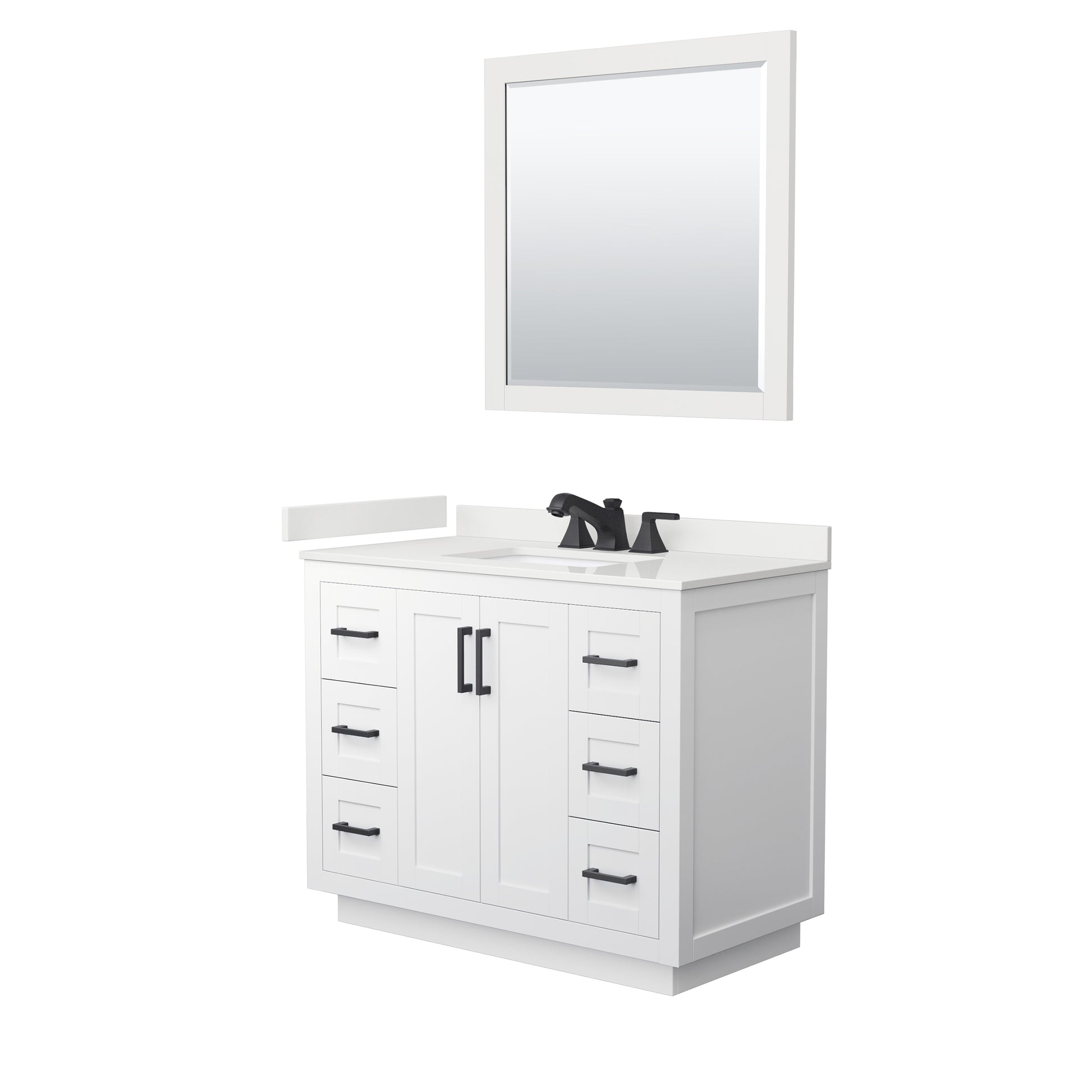 Wyndham Collection Miranda 42" Single Bathroom Vanity in White, White Quartz Countertop, Undermount Square Sink (3-Hole), Matte Black Trim, 34" Mirror