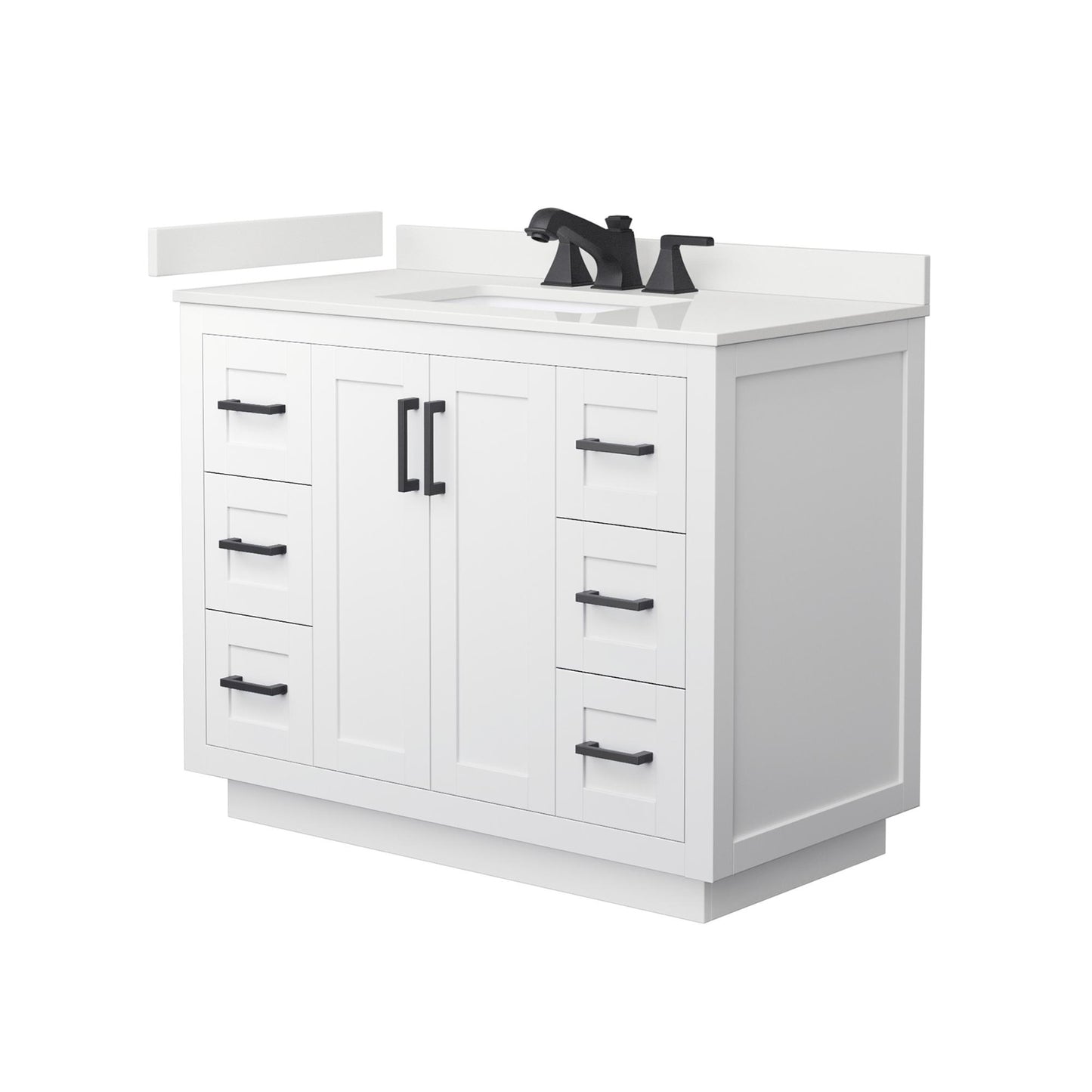 Wyndham Collection Miranda 42" Single Bathroom Vanity in White, White Quartz Countertop, Undermount Square Sink (3-Hole), Matte Black Trim