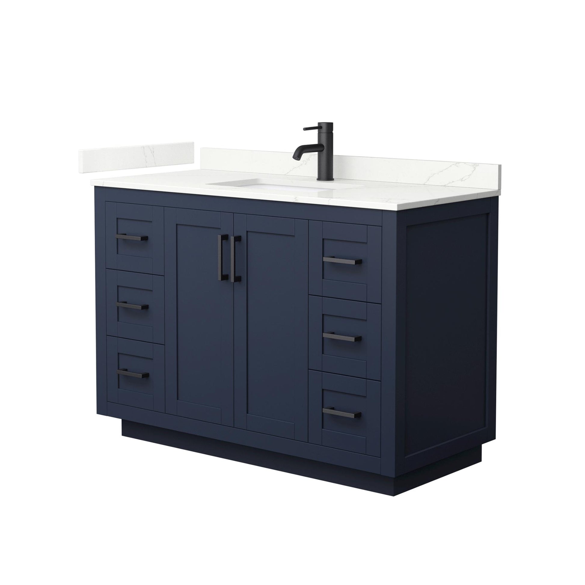 Wyndham Collection Miranda 48" Single Bathroom Vanity in Dark Blue, Giotto Quartz Countertop, Undermount Square Sink (1-Hole), Matte Black Trim