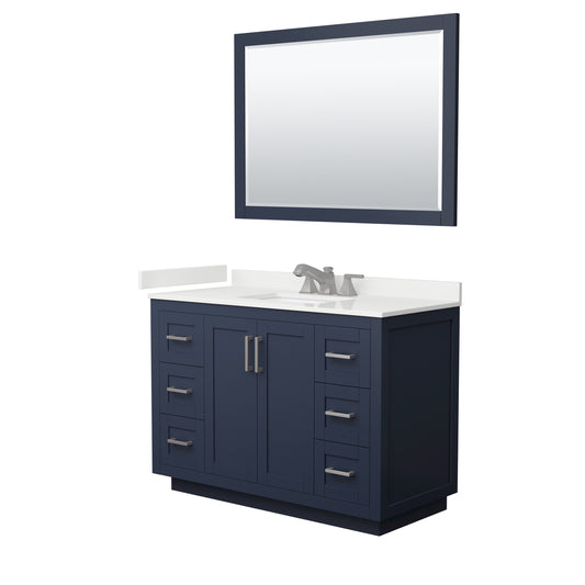Wyndham Collection Miranda 48" Single Bathroom Vanity in Dark Blue, White Quartz Countertop, Undermount Square Sink (3-Hole), Brushed Nickel Trim, 46" Mirror