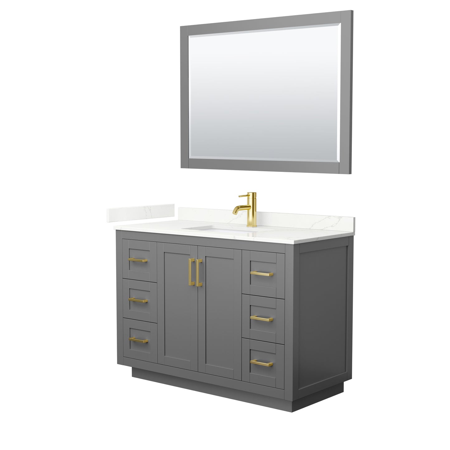 Wyndham Collection Miranda 48" Single Bathroom Vanity in Dark Gray, Giotto Quartz Countertop, Undermount Square Sink (1-Hole), Brushed Gold Trim, 46" Mirror