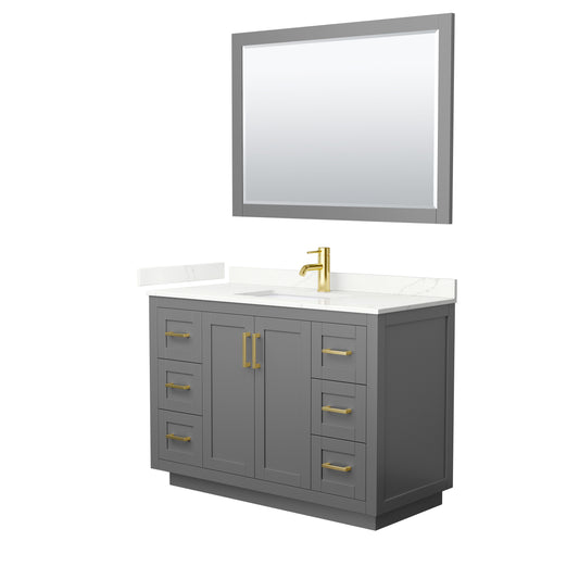 Wyndham Collection Miranda 48" Single Bathroom Vanity in Dark Gray, Giotto Quartz Countertop, Undermount Square Sink (1-Hole), Brushed Gold Trim, 46" Mirror