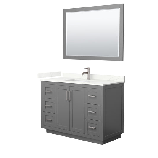 Wyndham Collection Miranda 48" Single Bathroom Vanity in Dark Gray, Giotto Quartz Countertop, Undermount Square Sink (1-Hole), Brushed Nickel Trim, 46" Mirror