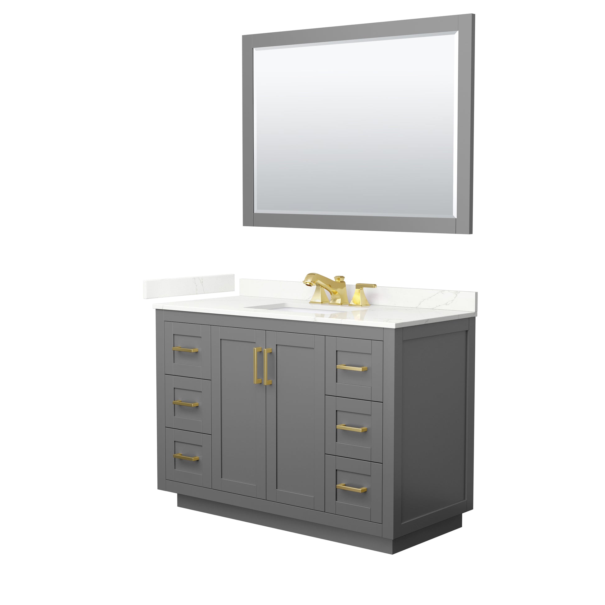 Wyndham Collection Miranda 48" Single Bathroom Vanity in Dark Gray, Giotto Quartz Countertop, Undermount Square Sink (3-Hole), Brushed Gold Trim, 46" Mirror