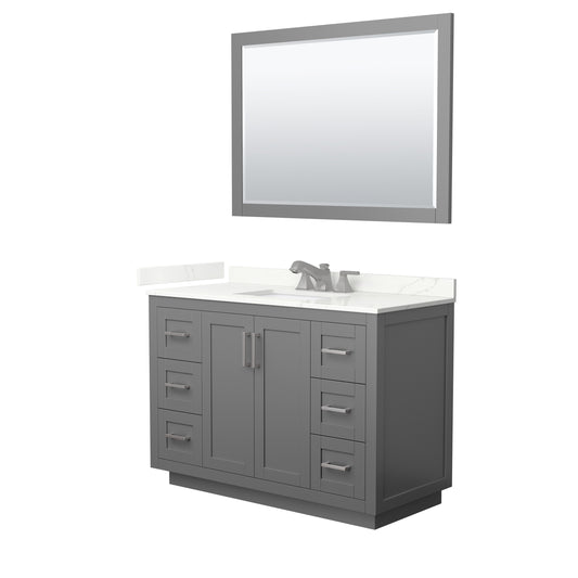 Wyndham Collection Miranda 48" Single Bathroom Vanity in Dark Gray, Giotto Quartz Countertop, Undermount Square Sink (3-Hole), Brushed Nickel Trim, 46" Mirror