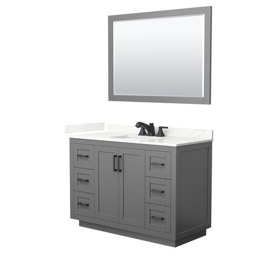 Wyndham Collection Miranda 48" Single Bathroom Vanity in Dark Gray, Giotto Quartz Countertop, Undermount Square Sink (3-Hole), Matte Black Trim, 46" Mirror