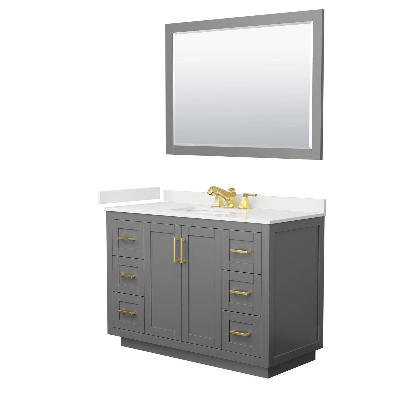 Wyndham Collection Miranda 48" Single Bathroom Vanity in Dark Gray, White Quartz Countertop, Undermount Square Sink (3-Hole), Brushed Gold Trim, 46" Mirror