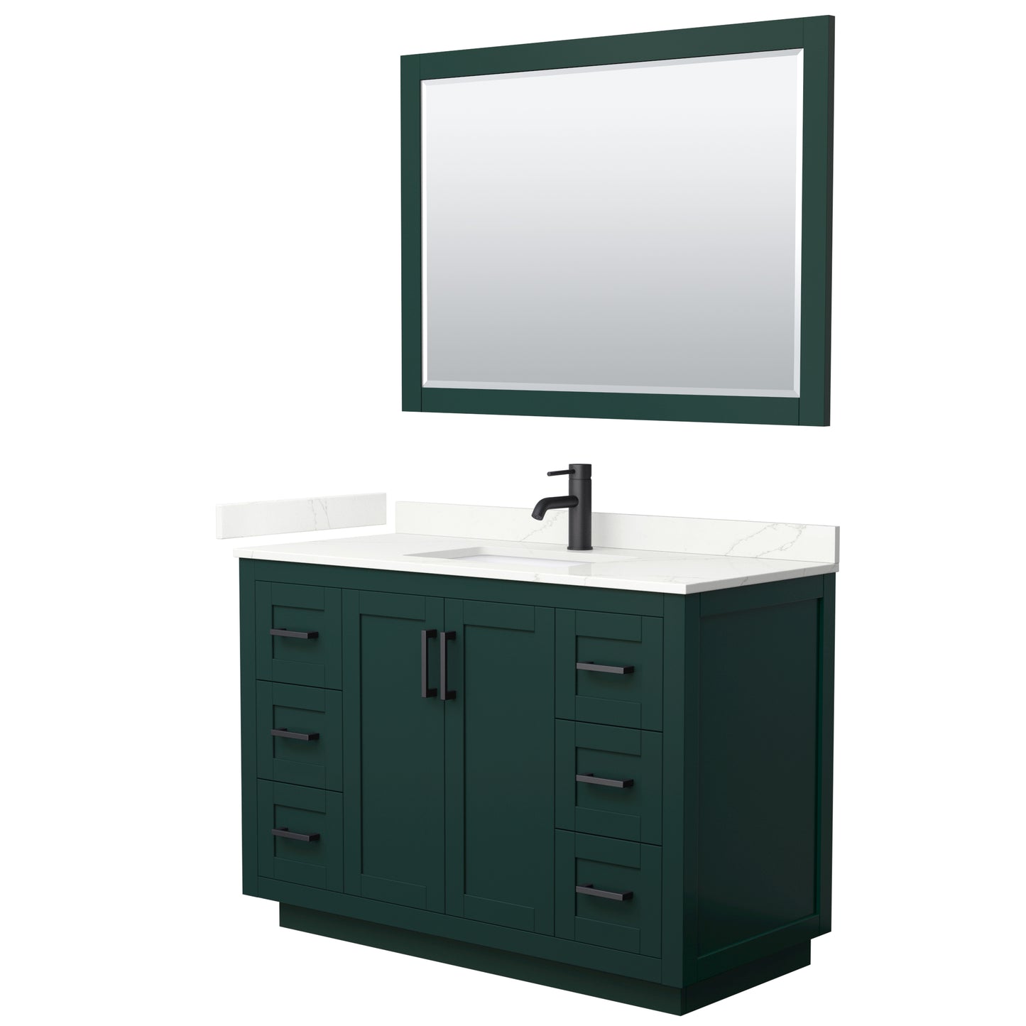 Wyndham Collection Miranda 48" Single Bathroom Vanity in Green, Giotto Quartz Countertop, Undermount Square Sink (1-Hole), Matte Black Trim, 46" Mirror