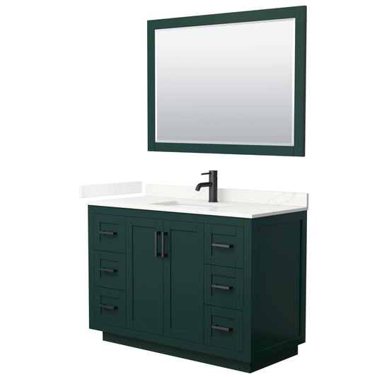 Wyndham Collection Miranda 48" Single Bathroom Vanity in Green, Giotto Quartz Countertop, Undermount Square Sink (1-Hole), Matte Black Trim, 46" Mirror