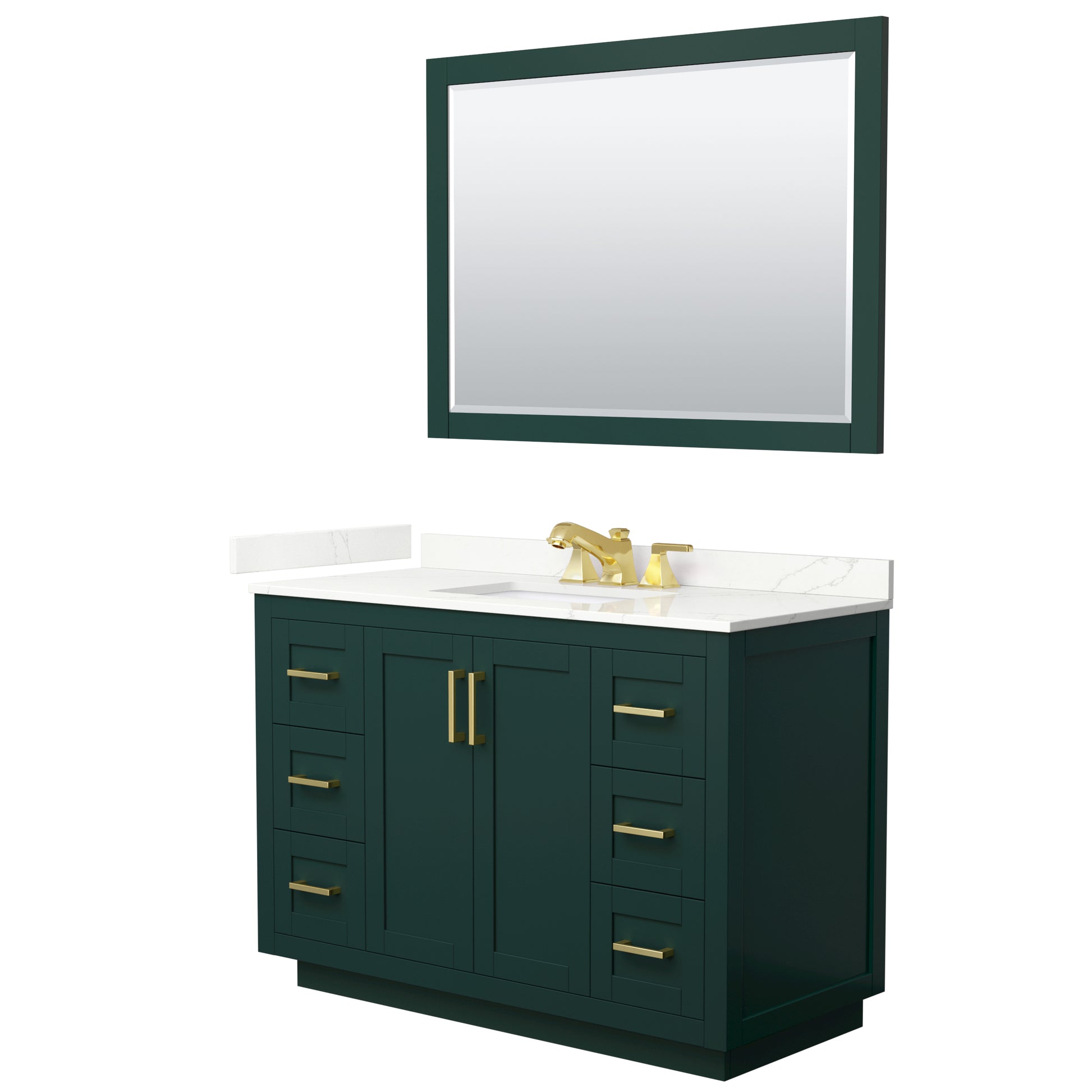 Wyndham Collection Miranda 48" Single Bathroom Vanity in Green, Giotto Quartz Countertop, Undermount Square Sink (3-Hole), Brushed Gold Trim, 46" Mirror