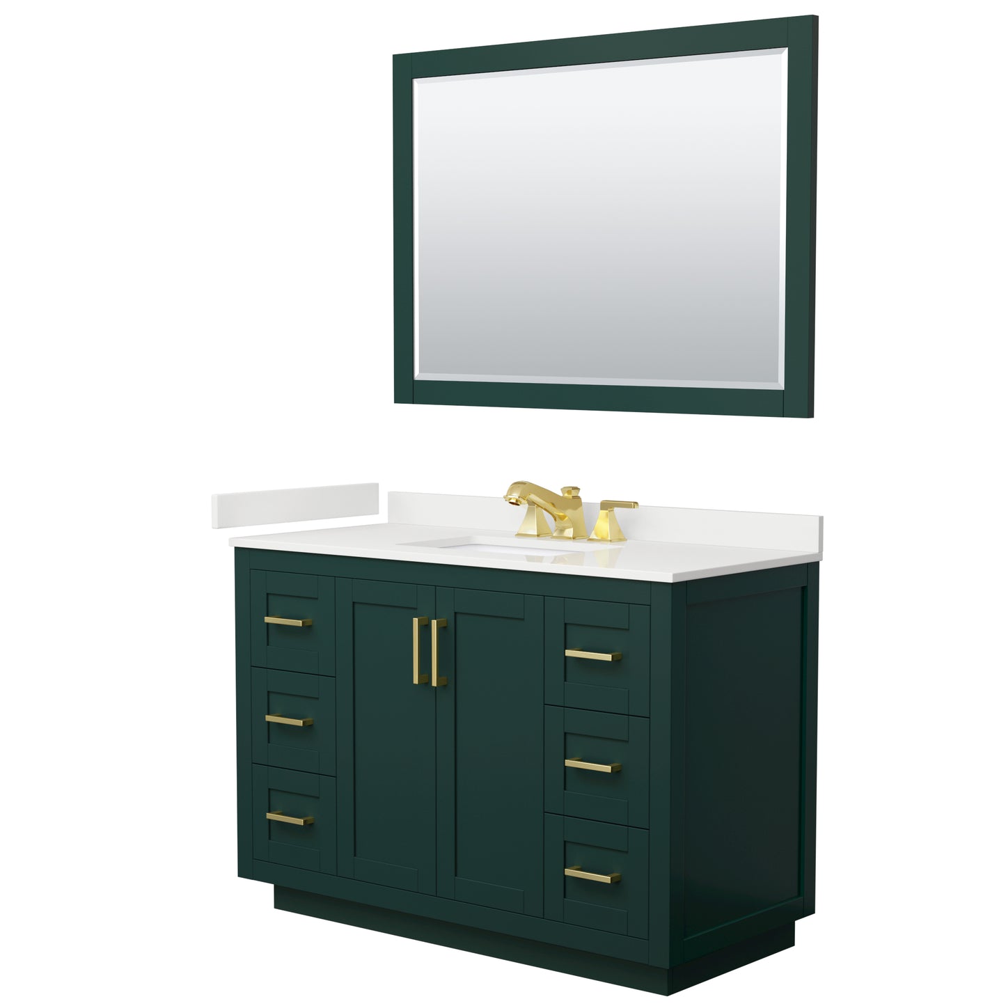 Wyndham Collection Miranda 48" Single Bathroom Vanity in Green, White Quartz Countertop, Undermount Square Sink (3-Hole), Brushed Gold Trim, 46" Mirror