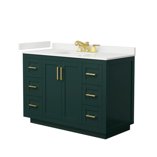 Wyndham Collection Miranda 48" Single Bathroom Vanity in Green, White Quartz Countertop, Undermount Square Sink (3-Hole), Brushed Gold Trim