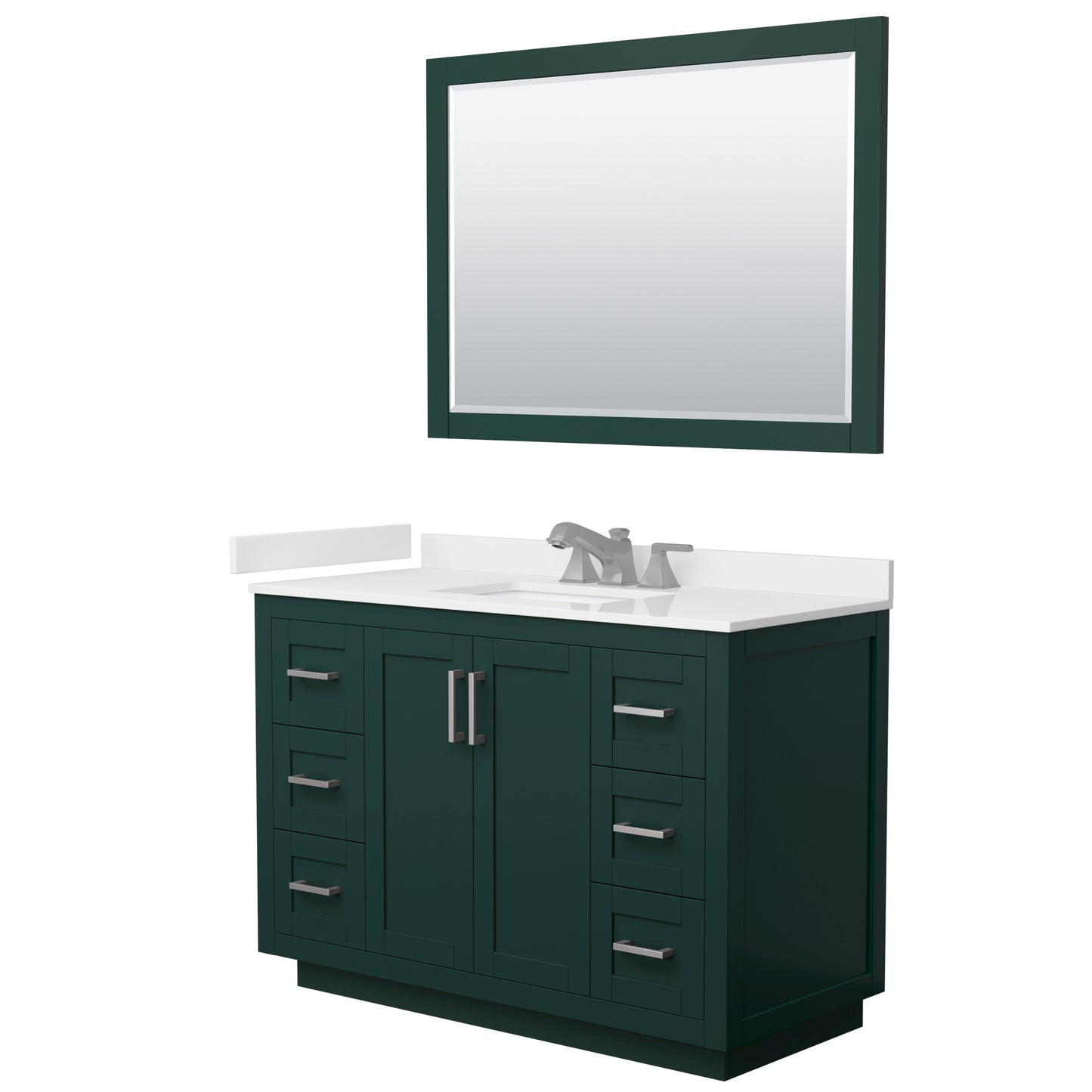 Wyndham Collection Miranda 48" Single Bathroom Vanity in Green, White Quartz Countertop, Undermount Square Sink (3-Hole), Brushed Nickel Trim, 46" Mirror