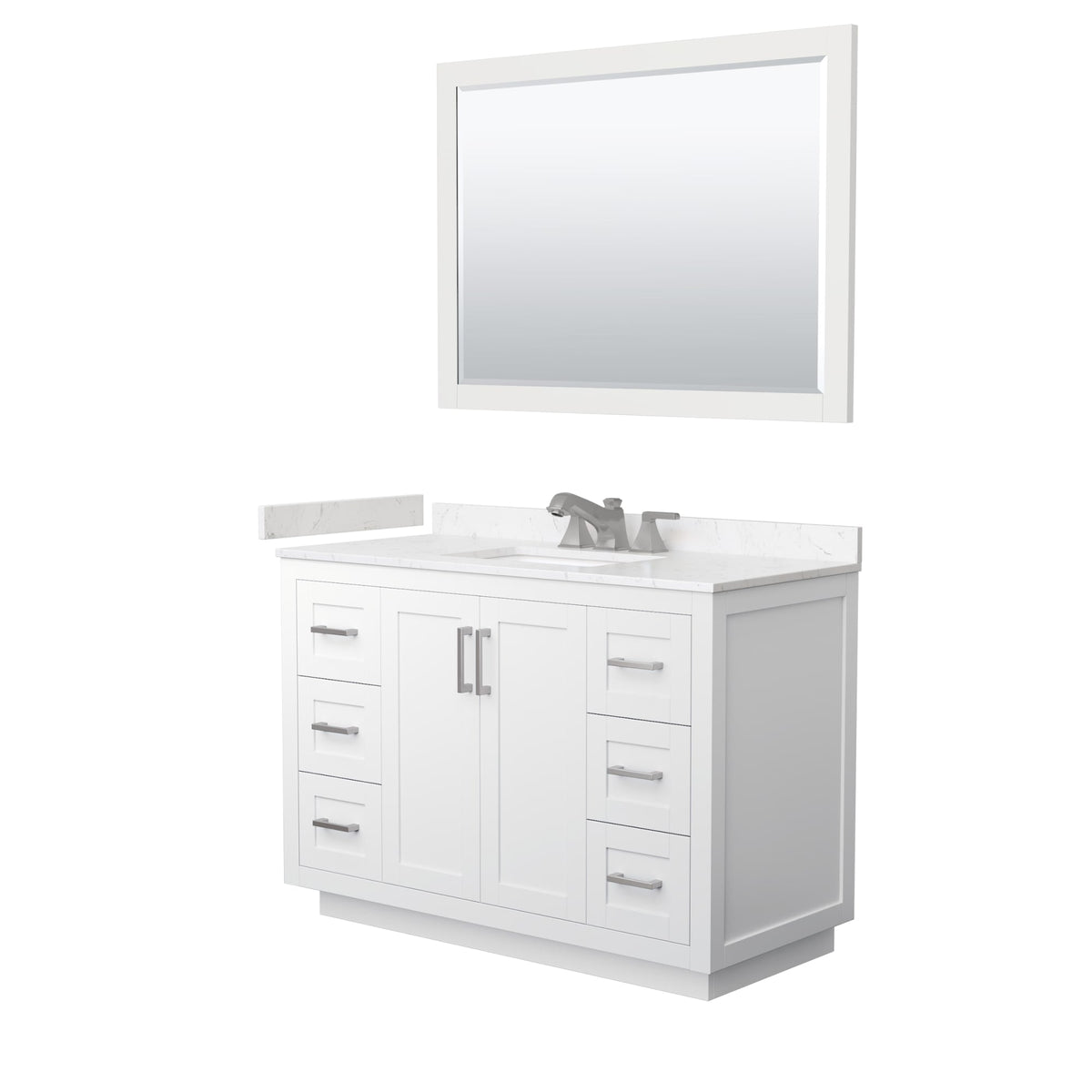 Wyndham Collection Miranda 48" Single Bathroom Vanity in White, Carrara Cultured Marble Countertop, Undermount Square Sink (3-Hole), Brushed Nickel Trim and 46" Mirror