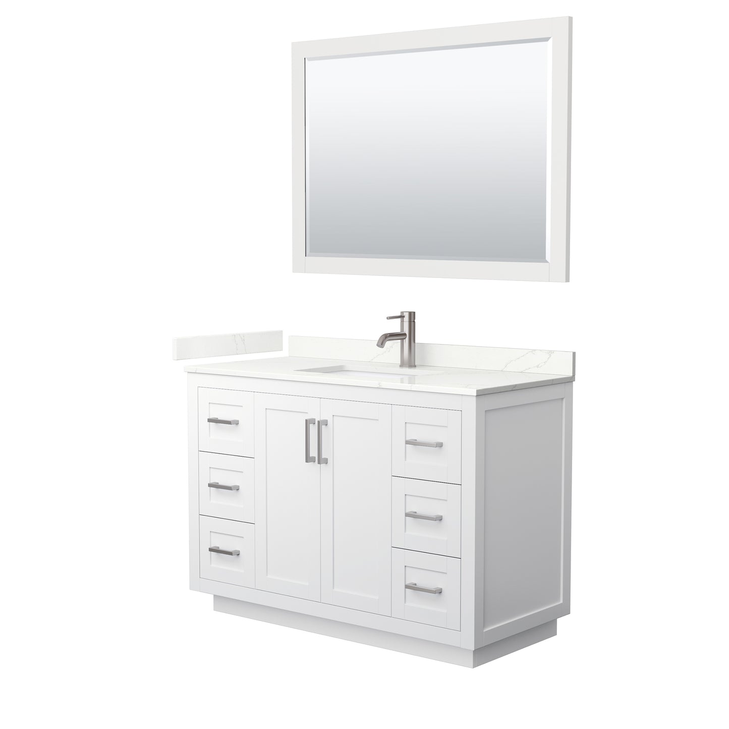 Wyndham Collection Miranda 48" Single Bathroom Vanity in White, Giotto Quartz Countertop, Undermount Square Sink (1-Hole), Brushed Nickel Trim, 46" Mirror