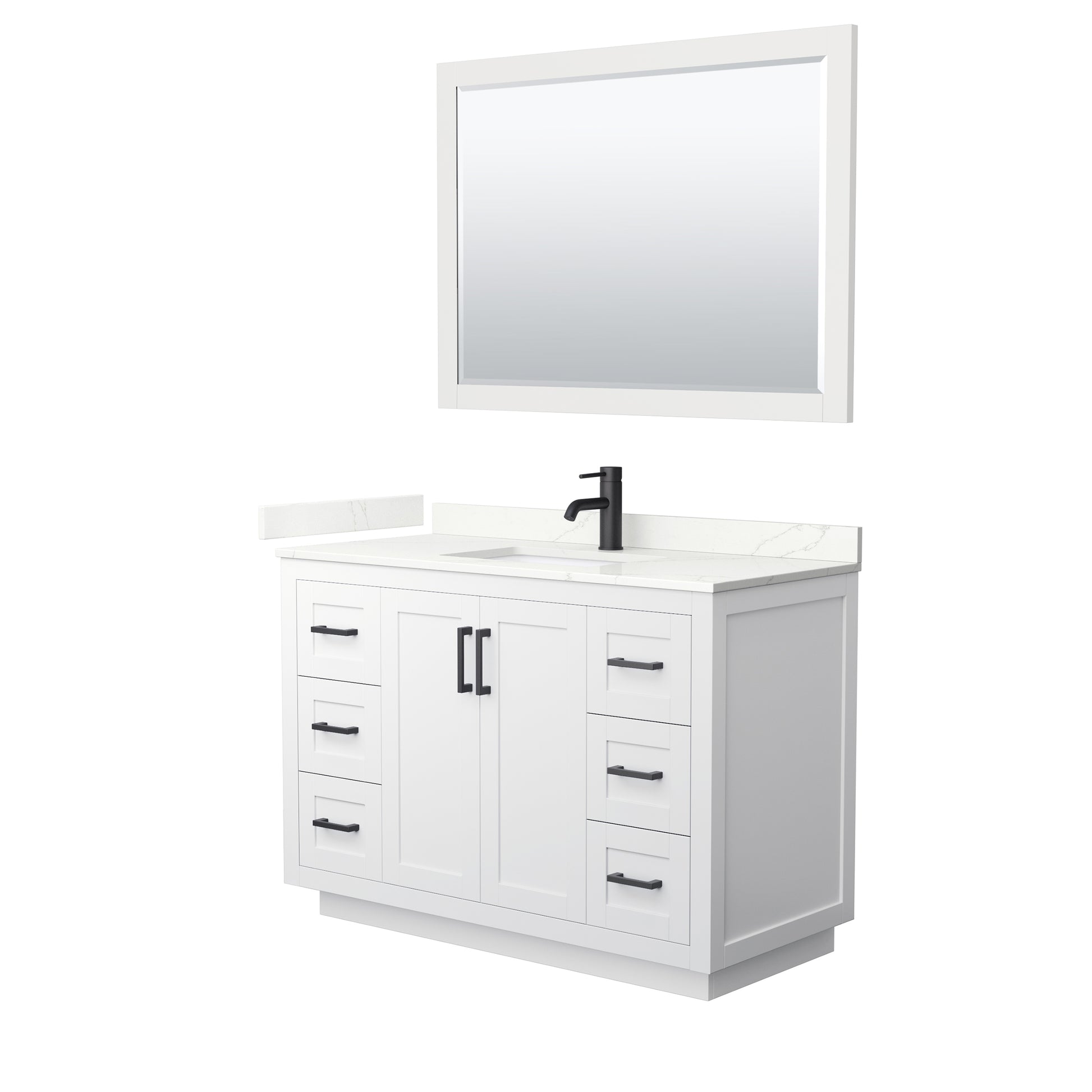 Wyndham Collection Miranda 48" Single Bathroom Vanity in White, Giotto Quartz Countertop, Undermount Square Sink (1-Hole), Matte Black Trim, 46" Mirror
