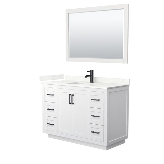 Wyndham Collection Miranda 48" Single Bathroom Vanity in White, Giotto Quartz Countertop, Undermount Square Sink (1-Hole), Matte Black Trim, 46" Mirror