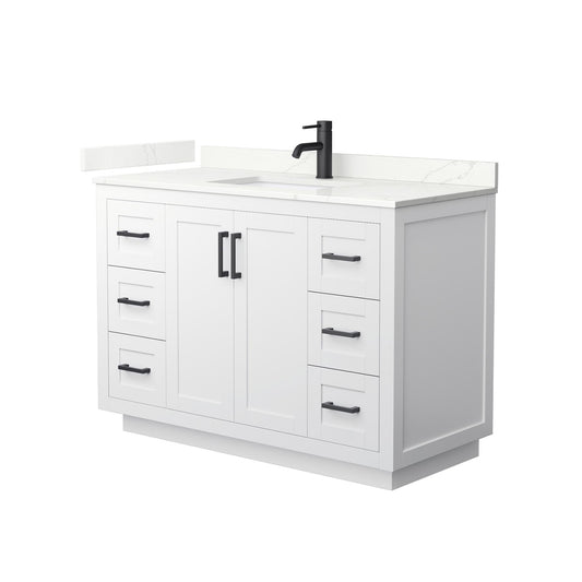Wyndham Collection Miranda 48" Single Bathroom Vanity in White, Giotto Quartz Countertop, Undermount Square Sink (1-Hole), Matte Black Trim