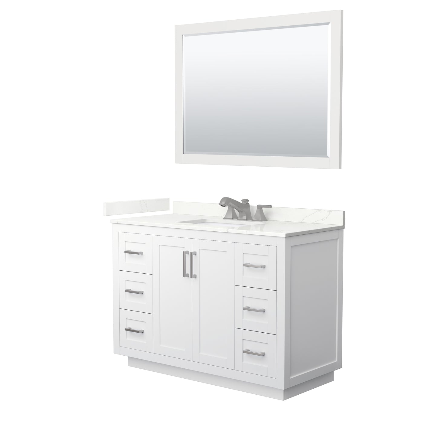 Wyndham Collection Miranda 48" Single Bathroom Vanity in White, Giotto Quartz Countertop, Undermount Square Sink (3-Hole), Brushed Nickel Trim, 46" Mirror