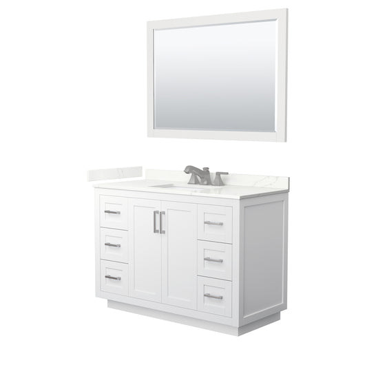 Wyndham Collection Miranda 48" Single Bathroom Vanity in White, Giotto Quartz Countertop, Undermount Square Sink (3-Hole), Brushed Nickel Trim, 46" Mirror