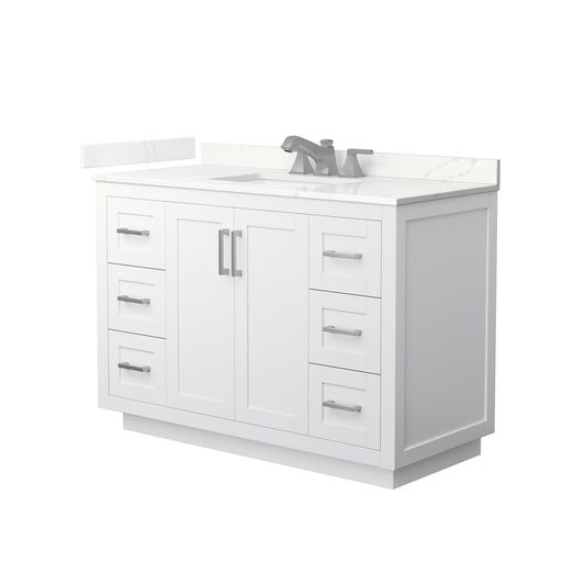 Wyndham Collection Miranda 48" Single Bathroom Vanity in White, Giotto Quartz Countertop, Undermount Square Sink (3-Hole), Brushed Nickel Trim