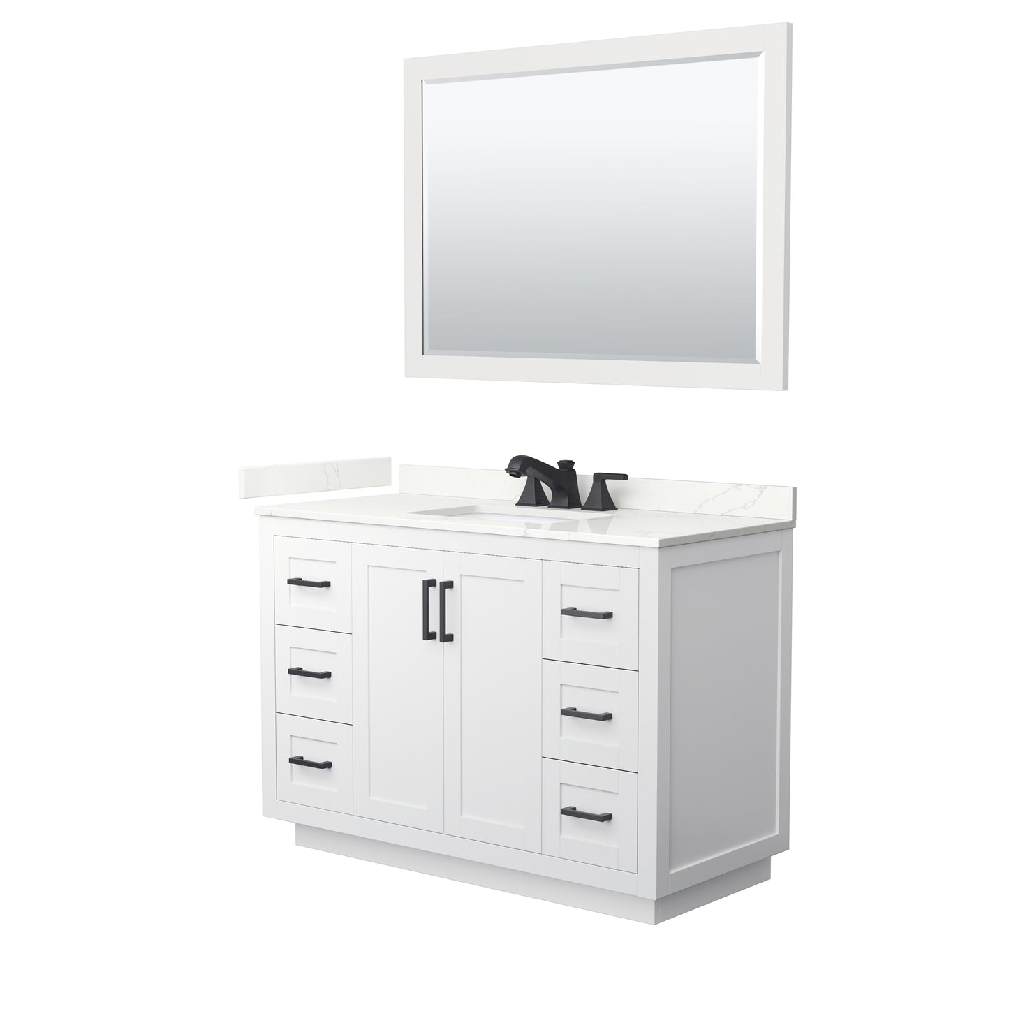 Wyndham Collection Miranda 48" Single Bathroom Vanity in White, Giotto Quartz Countertop, Undermount Square Sink (3-Hole), Matte Black Trim, 46" Mirror
