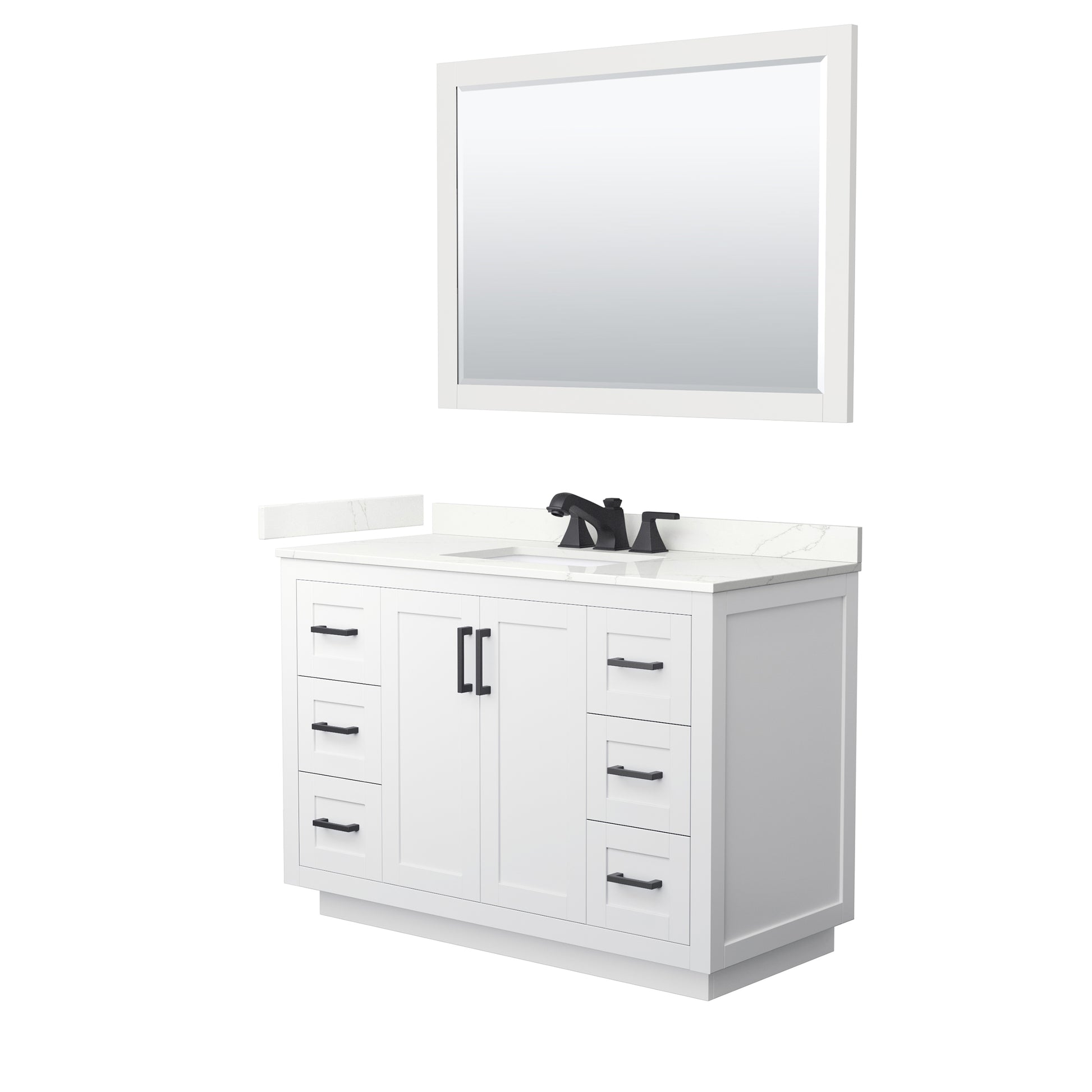 Wyndham Collection Miranda 48" Single Bathroom Vanity in White, Giotto Quartz Countertop, Undermount Square Sink (3-Hole), Matte Black Trim, 46" Mirror