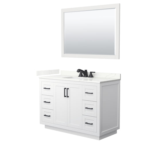 Wyndham Collection Miranda 48" Single Bathroom Vanity in White, Giotto Quartz Countertop, Undermount Square Sink (3-Hole), Matte Black Trim, 46" Mirror