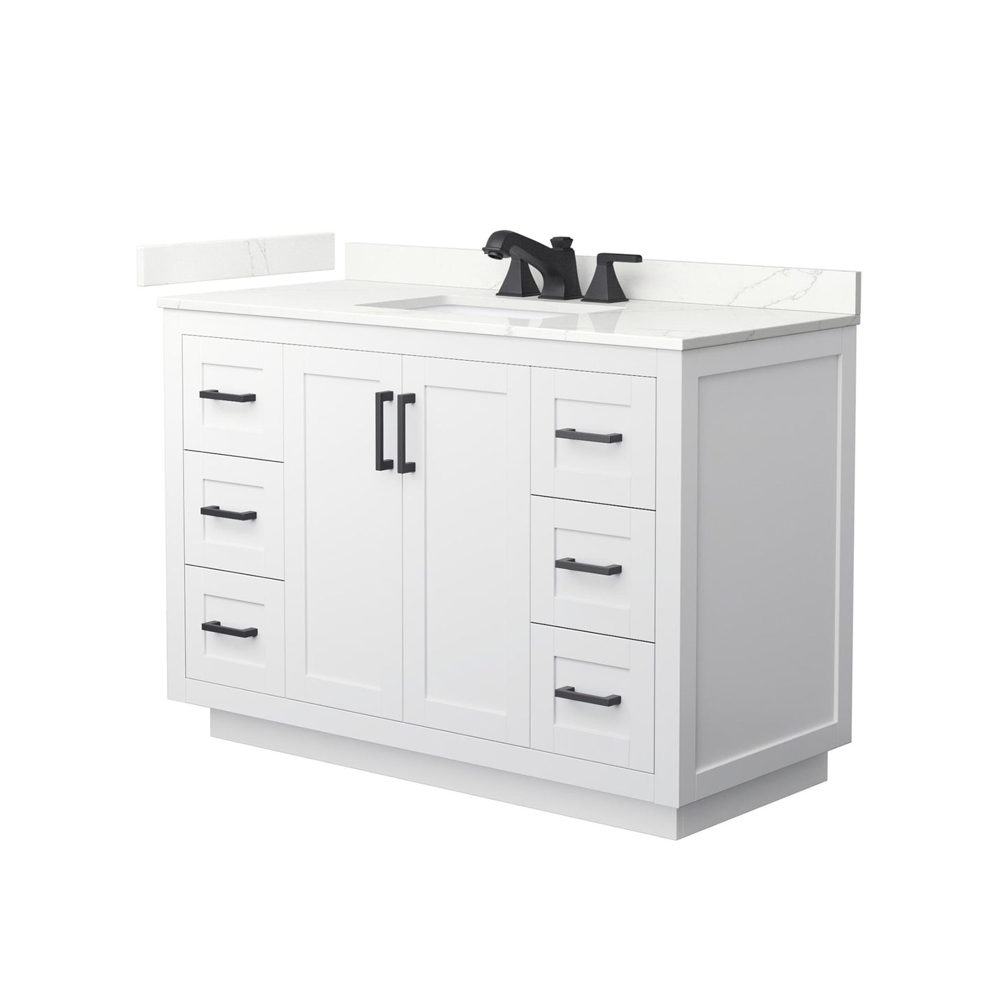 Wyndham Collection Miranda 48" Single Bathroom Vanity in White, Giotto Quartz Countertop, Undermount Square Sink (3-Hole), Matte Black Trim