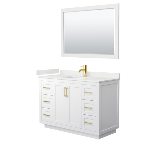 Wyndham Collection Miranda 48" Single Bathroom Vanity in White, White Quartz Countertop, Undermount Square Sink (1-Hole), Brushed Gold Trim, 46" Mirror