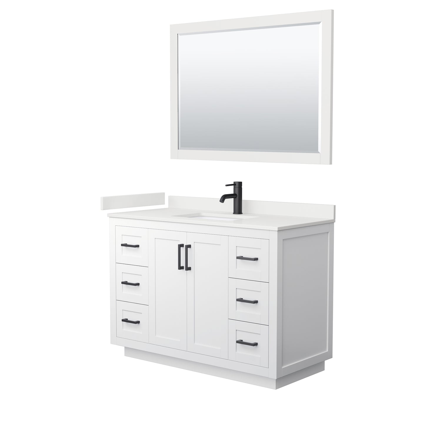 Wyndham Collection Miranda 48" Single Bathroom Vanity in White, White Quartz Countertop, Undermount Square Sink (1-Hole), Matte Black Trim, 46" Mirror