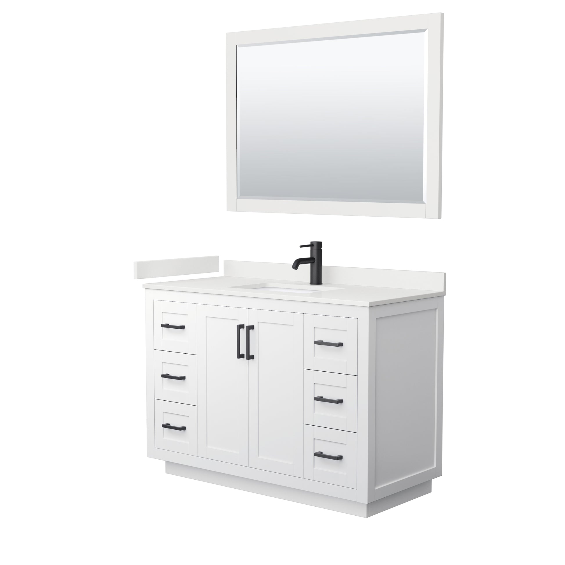 Wyndham Collection Miranda 48" Single Bathroom Vanity in White, White Quartz Countertop, Undermount Square Sink (1-Hole), Matte Black Trim, 46" Mirror