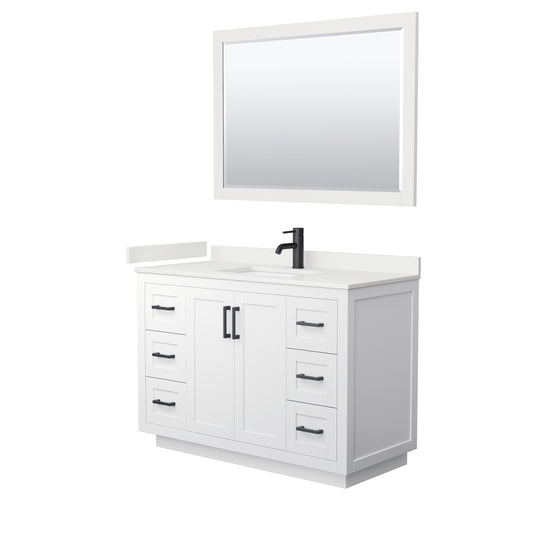 Wyndham Collection Miranda 48" Single Bathroom Vanity in White, White Quartz Countertop, Undermount Square Sink (1-Hole), Matte Black Trim, 46" Mirror