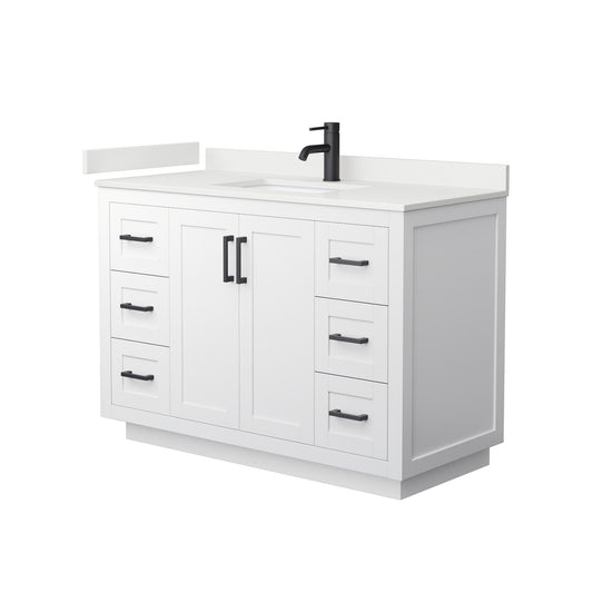 Wyndham Collection Miranda 48" Single Bathroom Vanity in White, White Quartz Countertop, Undermount Square Sink (1-Hole), Matte Black Trim