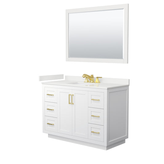 Wyndham Collection Miranda 48" Single Bathroom Vanity in White, White Quartz Countertop, Undermount Square Sink (3-Hole), Brushed Gold Trim, 46" Mirror