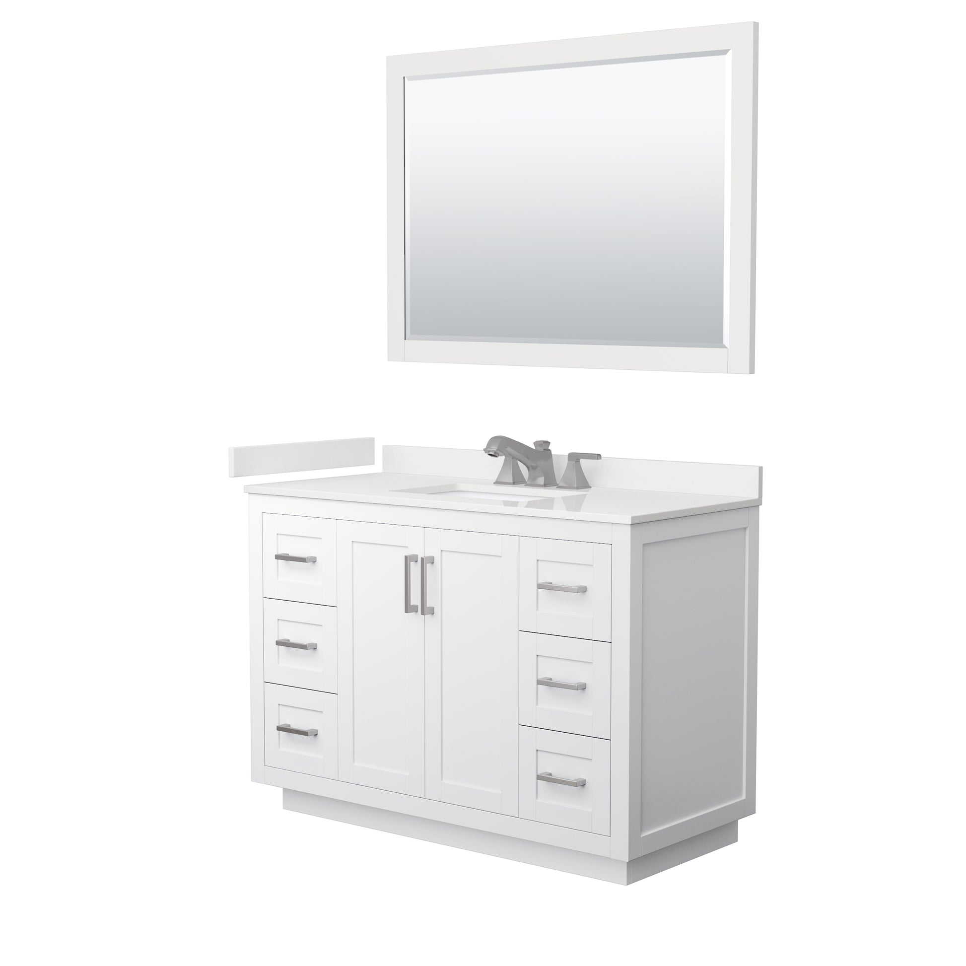 Wyndham Collection Miranda 48" Single Bathroom Vanity in White, White Quartz Countertop, Undermount Square Sink (3-Hole), Brushed Nickel Trim, 46" Mirror