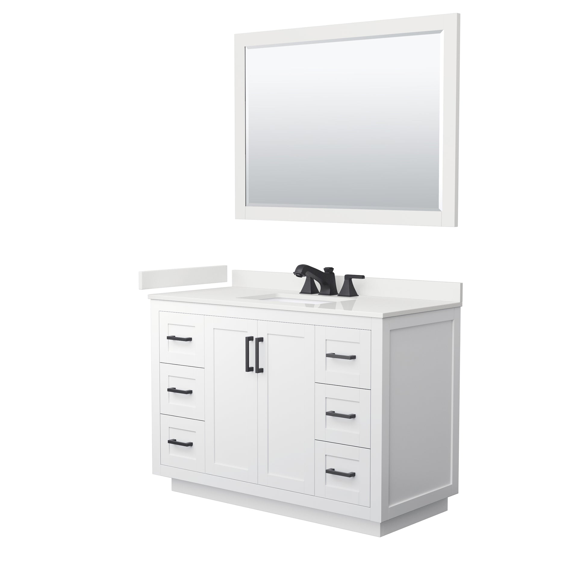 Wyndham Collection Miranda 48" Single Bathroom Vanity in White, White Quartz Countertop, Undermount Square Sink (3-Hole), Matte Black Trim, 46" Mirror