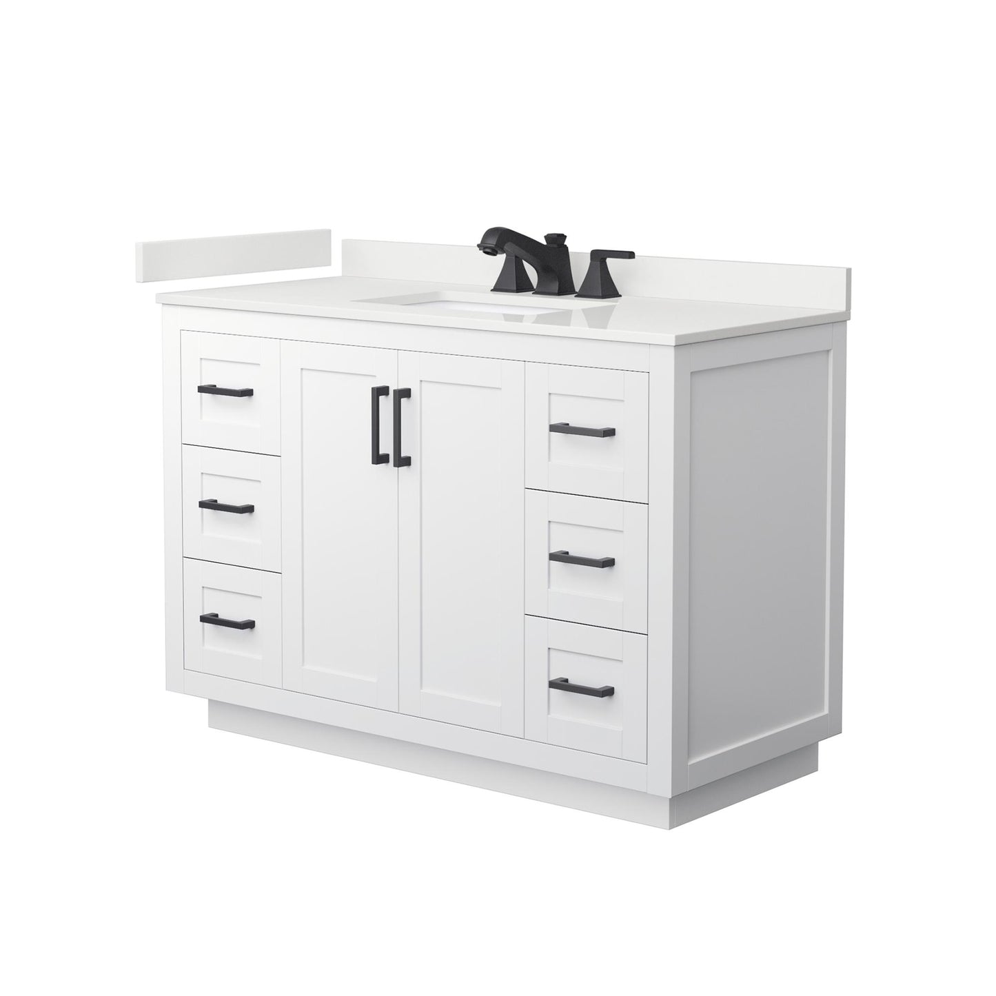 Wyndham Collection Miranda 48" Single Bathroom Vanity in White, White Quartz Countertop, Undermount Square Sink (3-Hole), Matte Black Trim