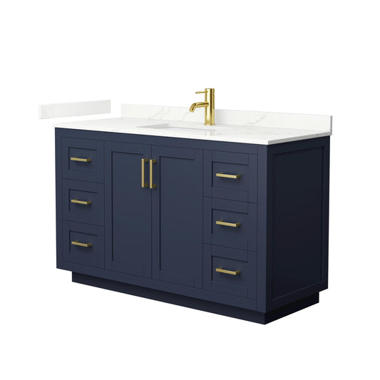 Wyndham Collection Miranda 54" Single Bathroom Vanity in Dark Blue, Giotto Quartz Countertop, Undermount Square Sink (1-Hole), Brushed Gold Trim