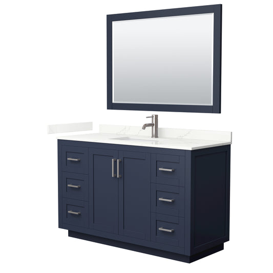 Wyndham Collection Miranda 54" Single Bathroom Vanity in Dark Blue, Giotto Quartz Countertop, Undermount Square Sink (1-Hole), Brushed Nickel Trim, 46" Mirror
