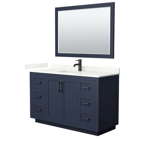 Wyndham Collection Miranda 54" Single Bathroom Vanity in Dark Blue, Giotto Quartz Countertop, Undermount Square Sink (1-Hole), Matte Black Trim, 46" Mirror